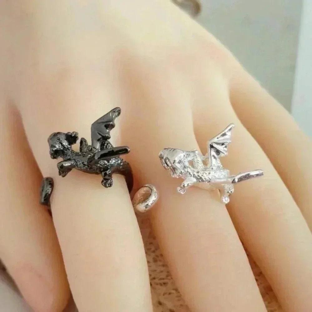 1 pc cute blue-eyed shiny black dragon Halloween adjustable costume gothic ring